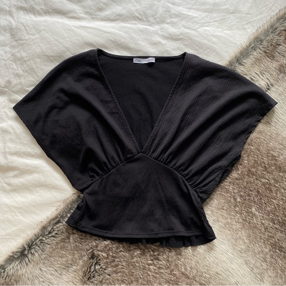Zara Deep V Black Crop Blouse